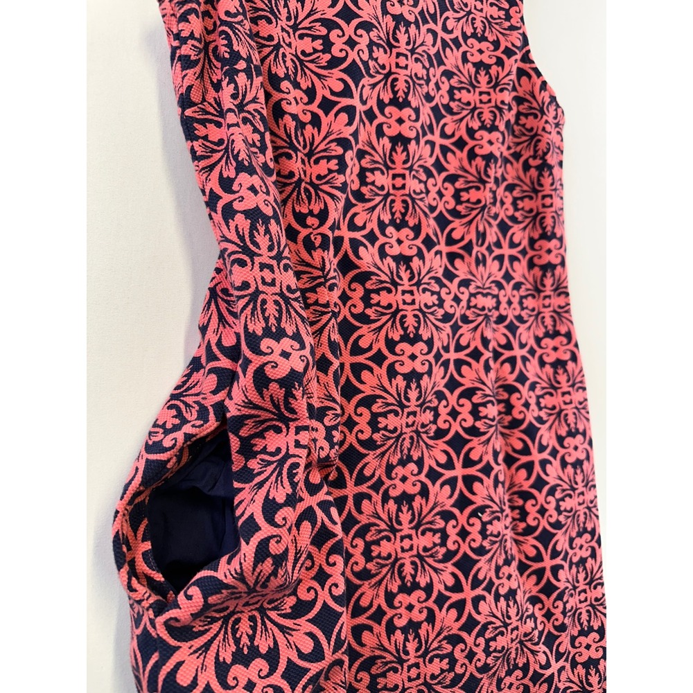 Talbots Shift Dress Women 8 Pink Navy Blue Damask Medallion Sleeveless Notched - Picture 10 of 12